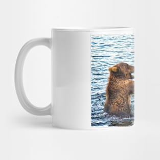 Young Kodiak Brown Bears Play Wrestle In Water Alaska Mug